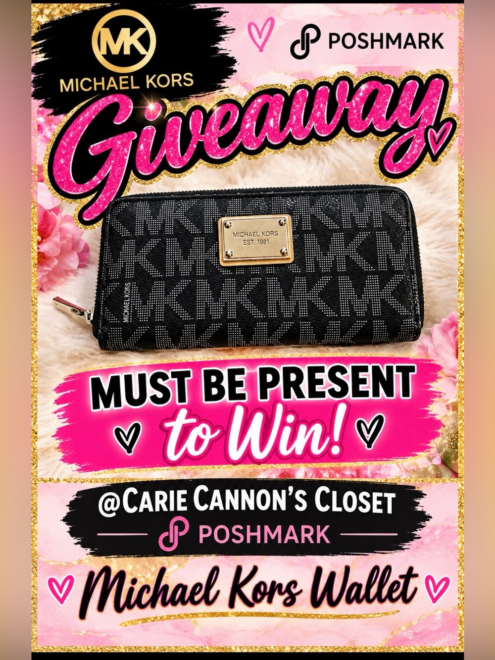 Michael Kors Black MK Logo Zip-Around Wallet with Gold Plaque giveaway gift